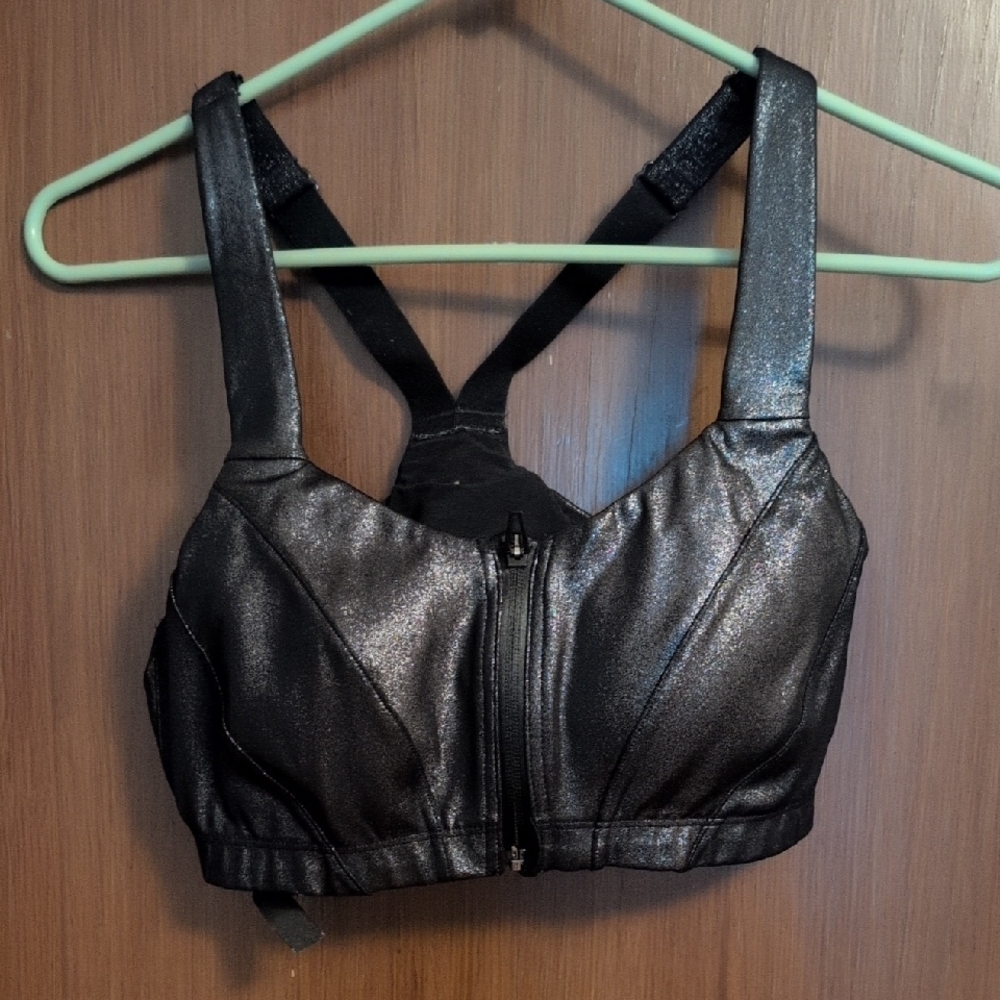 Black Shimmer Zip-Up Sports Bra
